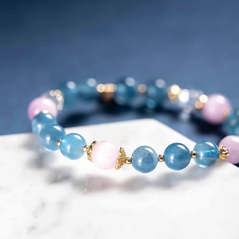 魔鬼藍海藍寶紫鋰輝石白水晶14K鍍金手鍊 | 天然水晶手鍊禮物