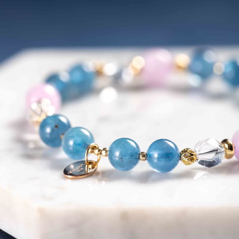 魔鬼藍海藍寶紫鋰輝石白水晶14K鍍金手鍊 | 天然水晶手鍊禮物