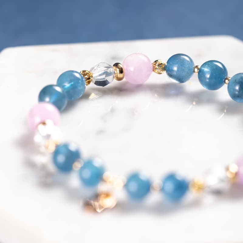 魔鬼藍海藍寶紫鋰輝石白水晶14K鍍金手鍊 | 天然水晶手鍊禮物