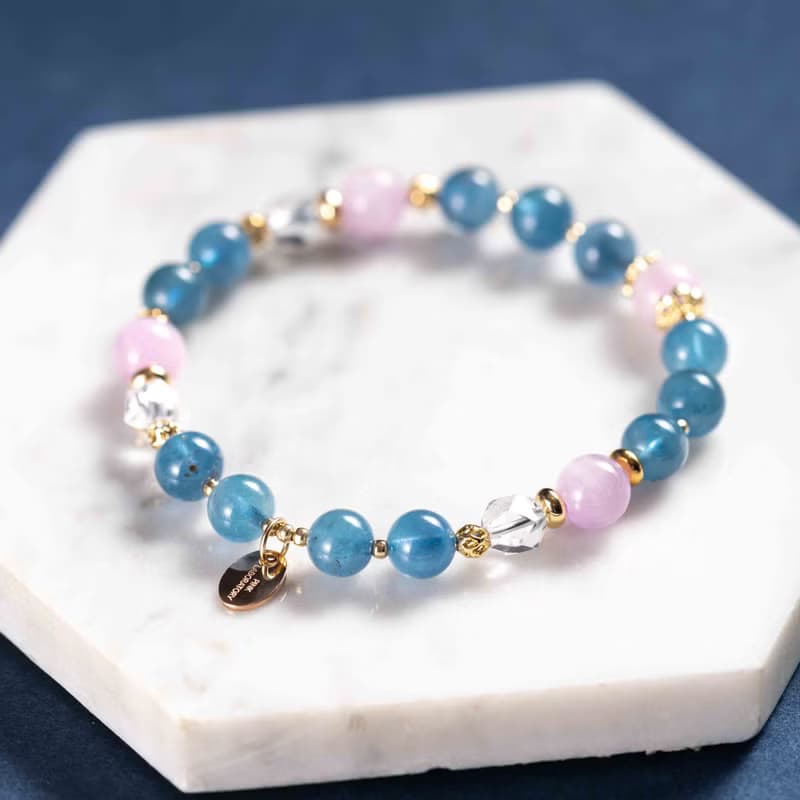 魔鬼藍海藍寶紫鋰輝石白水晶14K鍍金手鍊 | 天然水晶手鍊禮物