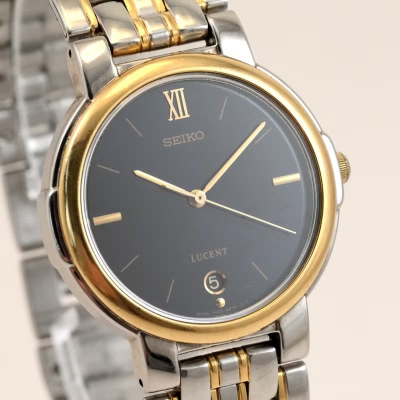 SEIKO LUCENT 7N22-6B20 ユニセックス 1984年 ダークブルーダイヤル デイト付 クォーツ ゴールド×シルバーコンビブレス  手錶 古董錶