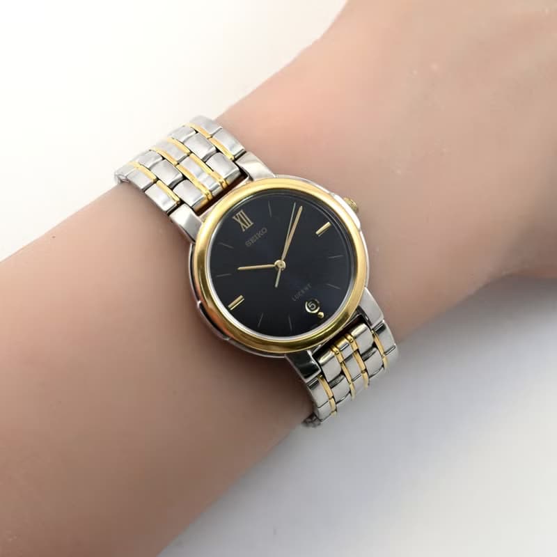 SEIKO LUCENT 7N22-6B20 ユニセックス 1984年 ダークブルーダイヤル デイト付 クォーツ ゴールド×シルバーコンビブレス  手錶 古董錶