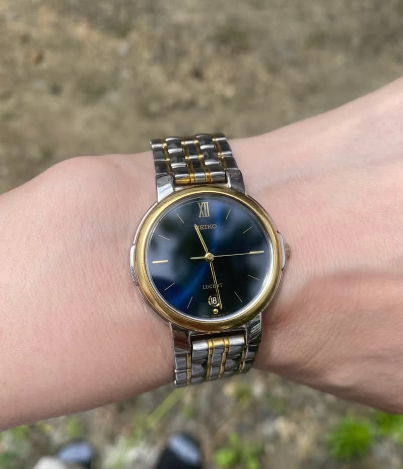SEIKO LUCENT 7N22-6B20 ユニセックス 1984年 ダークブルーダイヤル デイト付 クォーツ ゴールド×シルバーコンビブレス  手錶 古董錶
