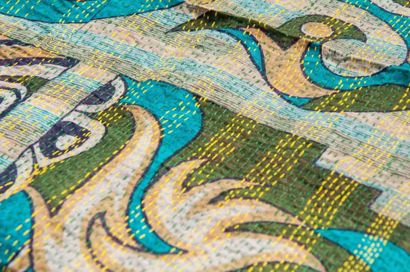 手工縫紗麗布絲巾/絲綢刺繡圍巾/印度絲綢刺繡絲巾-綠色藍天草原