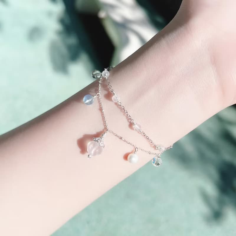 月光石 海藍寶 白水晶淡水珍珠 S925純銀 天然水晶 手工繞線手鍊