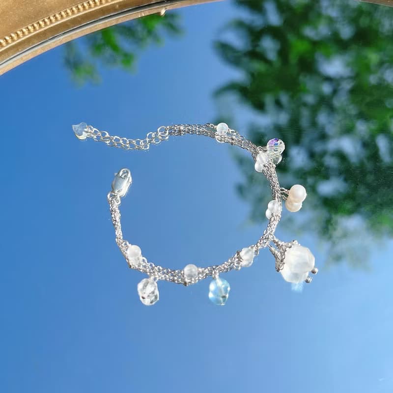 月光石 海藍寶 白水晶淡水珍珠 S925純銀 天然水晶 手工繞線手鍊