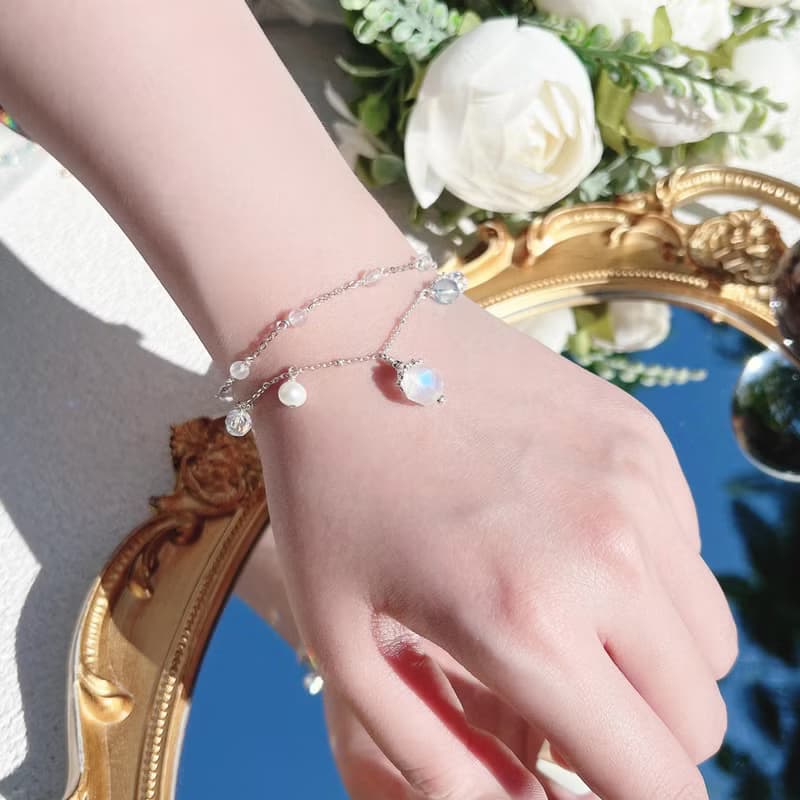 月光石 海藍寶 白水晶淡水珍珠 S925純銀 天然水晶 手工繞線手鍊