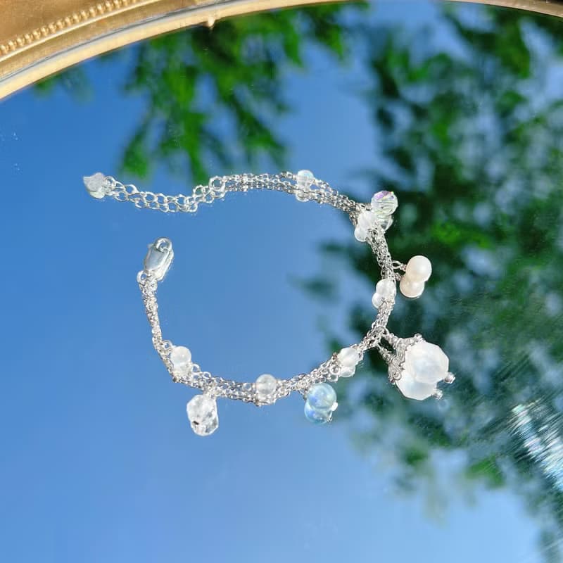 月光石 海藍寶 白水晶淡水珍珠 S925純銀 天然水晶 手工繞線手鍊
