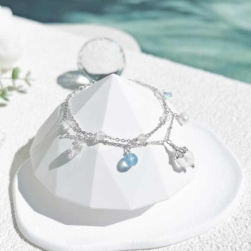 月光石 海藍寶 白水晶淡水珍珠 S925純銀 天然水晶 手工繞線手鍊