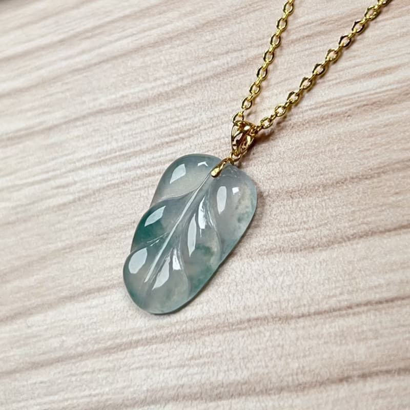 【母親節特惠】冰飄花翡翠葉子項鍊 18K金墜頭  天然緬甸翡翠A貨