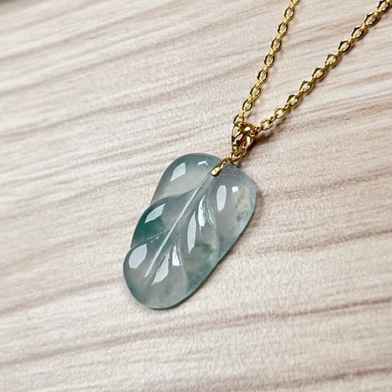 【母親節特惠】冰飄花翡翠葉子項鍊 18K金墜頭  天然緬甸翡翠A貨