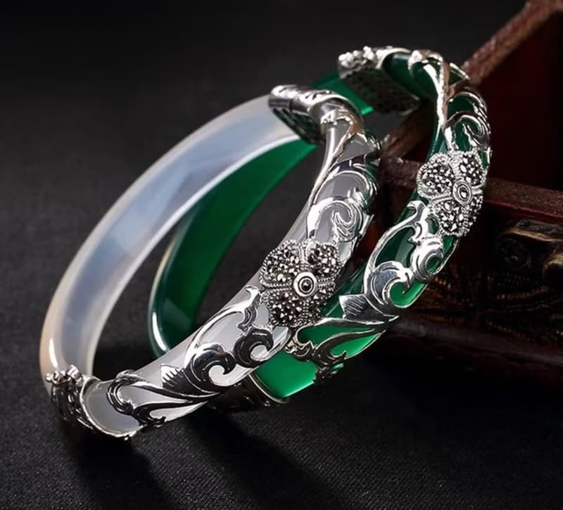 925 Silver Four Leaf Clover Bangles for Women Transparent Gemstone Bangle Ethnic