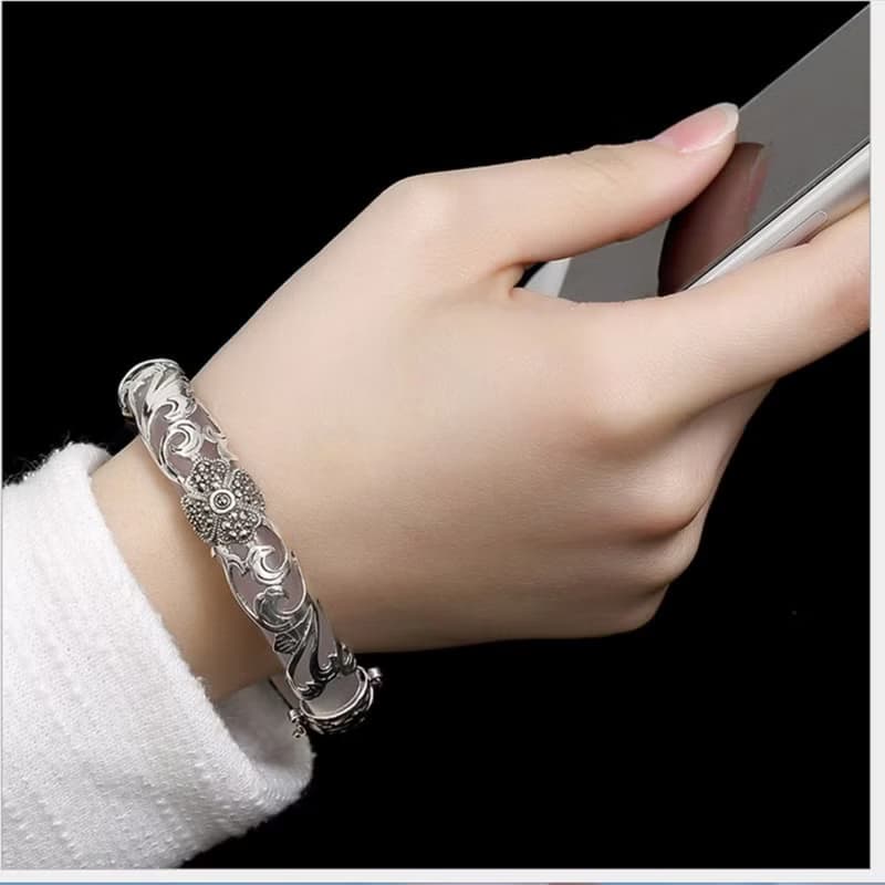 925 Silver Four Leaf Clover Bangles for Women Transparent Gemstone Bangle Ethnic