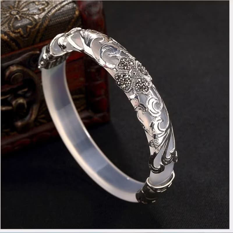 925 Silver Four Leaf Clover Bangles for Women Transparent Gemstone Bangle Ethnic