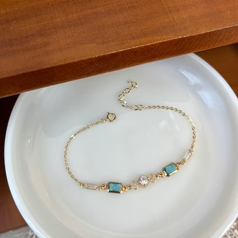 14K包金 湖水藍方形鋯石手鍊 手鏈 14KGF