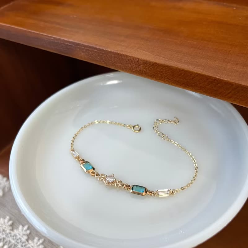 14K包金 湖水藍方形鋯石手鍊 手鏈 14KGF