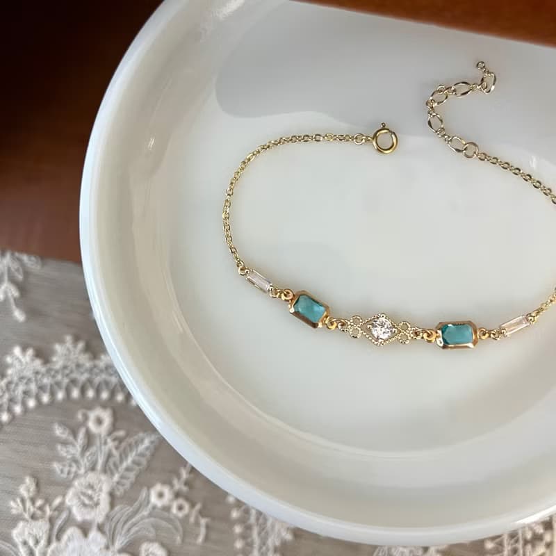 14K包金 湖水藍方形鋯石手鍊 手鏈 14KGF