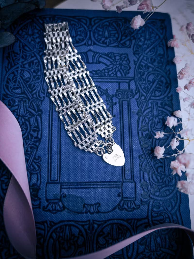 英國古董 軟編織純銀心鎖手鍊—歐洲古董首飾 Vintage Jewelry