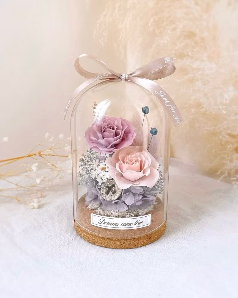 永生花玻璃盅-丁香紫 l 不凋花玻璃盅 日本玫瑰 乾燥花盅