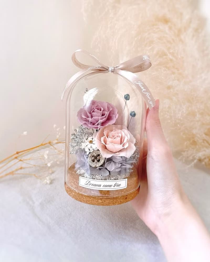 永生花玻璃盅-丁香紫 l 不凋花玻璃盅 日本玫瑰 乾燥花盅