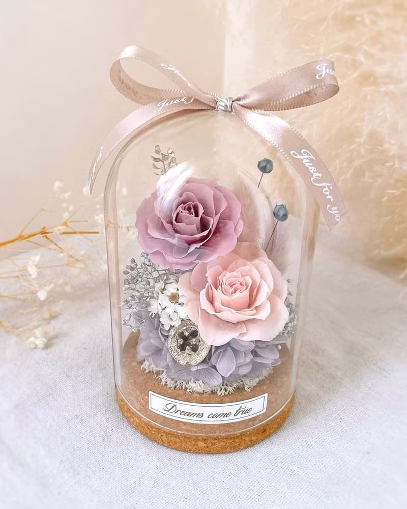 永生花玻璃盅-丁香紫 l 不凋花玻璃盅 日本玫瑰 乾燥花盅