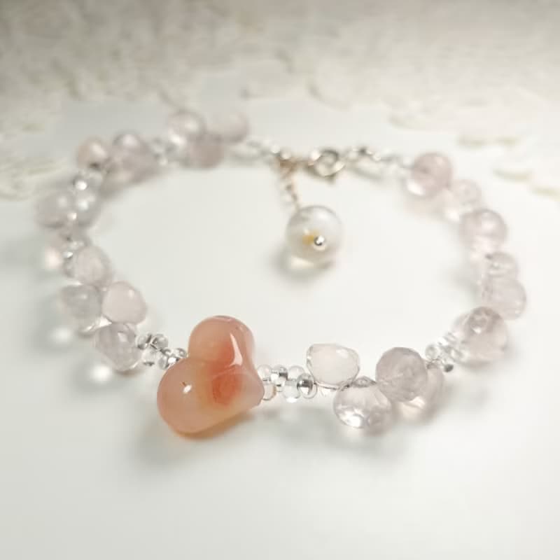 手鍊 粉水晶 愛心 緋紅瑪瑙 琉璃珠 雪花水晶 925銀飾 手珠 寶石