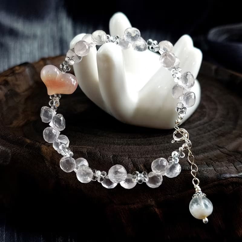 手鍊 粉水晶 愛心 緋紅瑪瑙 琉璃珠 雪花水晶 925銀飾 手珠 寶石