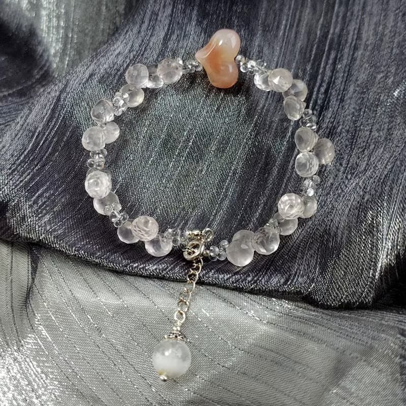 手鍊 粉水晶 愛心 緋紅瑪瑙 琉璃珠 雪花水晶 925銀飾 手珠 寶石