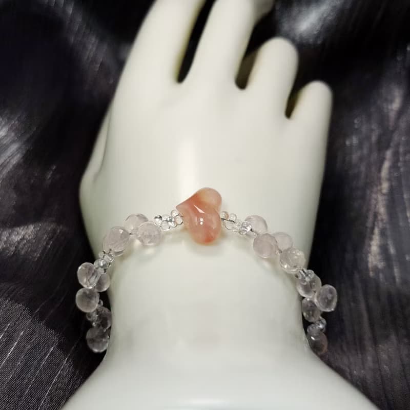手鍊 粉水晶 愛心 緋紅瑪瑙 琉璃珠 雪花水晶 925銀飾 手珠 寶石