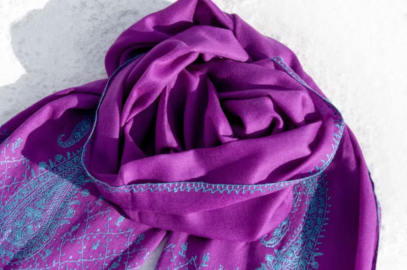 喀什米爾Cashmere 手織圍巾 編織圍巾 羊絨圍巾 純羊毛圍巾披巾 戒指絨披肩 保暖 暖暖 露營必備 登山-刺繡花朵