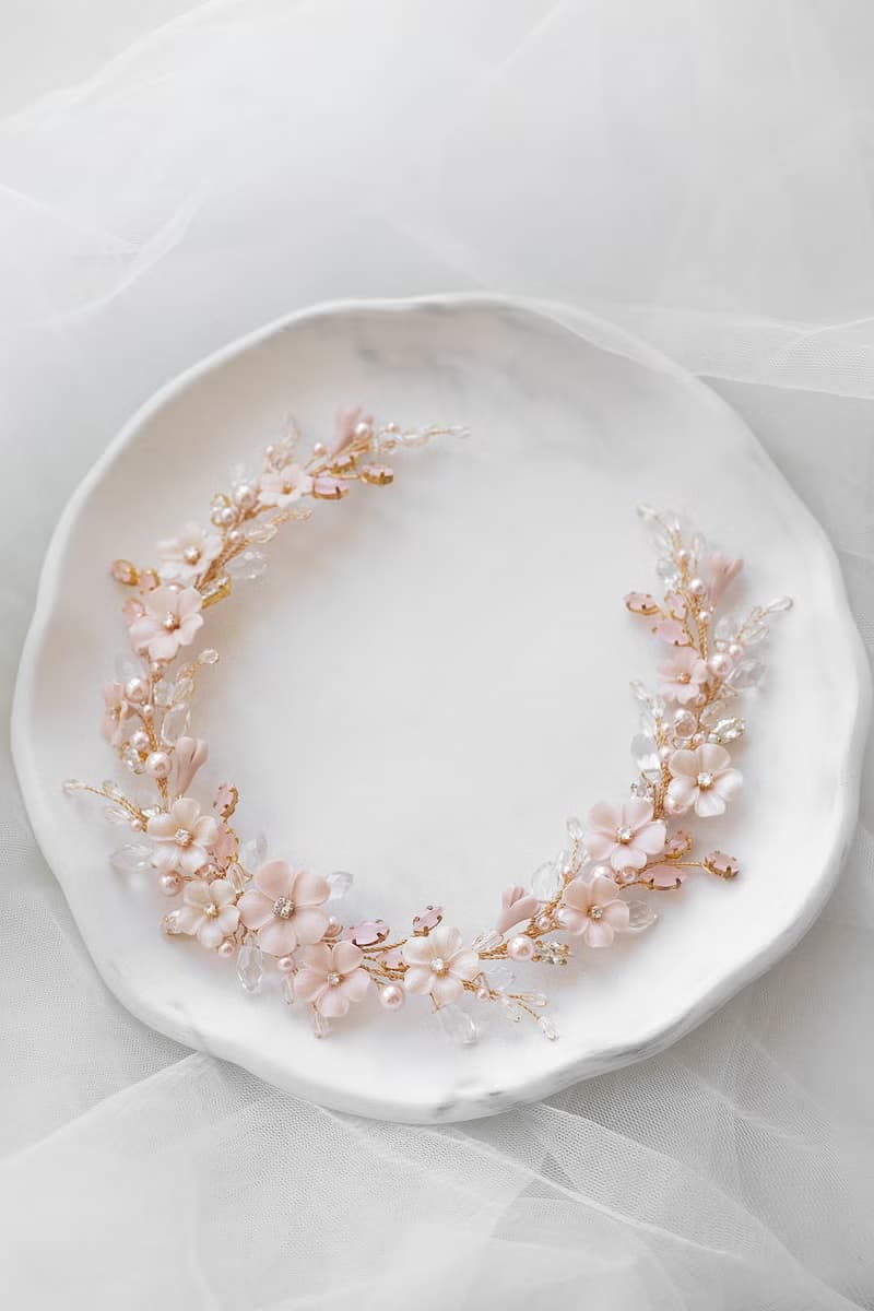 Powder pink floral hair piece and earrings for bride, flower bridal jewelry set