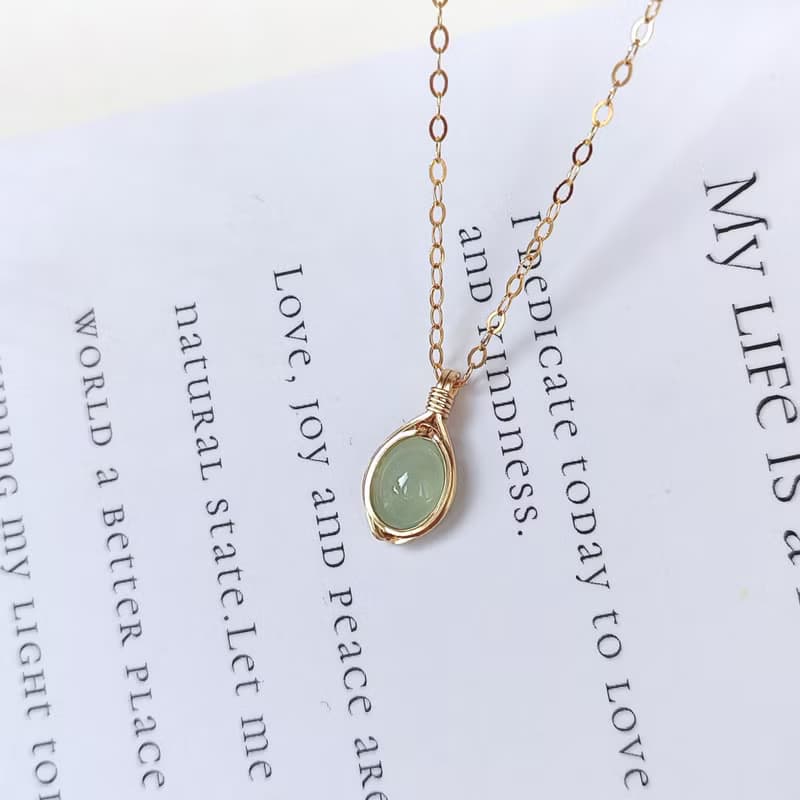 冰種A貨緬甸翡翠項鍊 清新天然水潤翡翠鎖骨鏈 14KGF精緻感吊墜