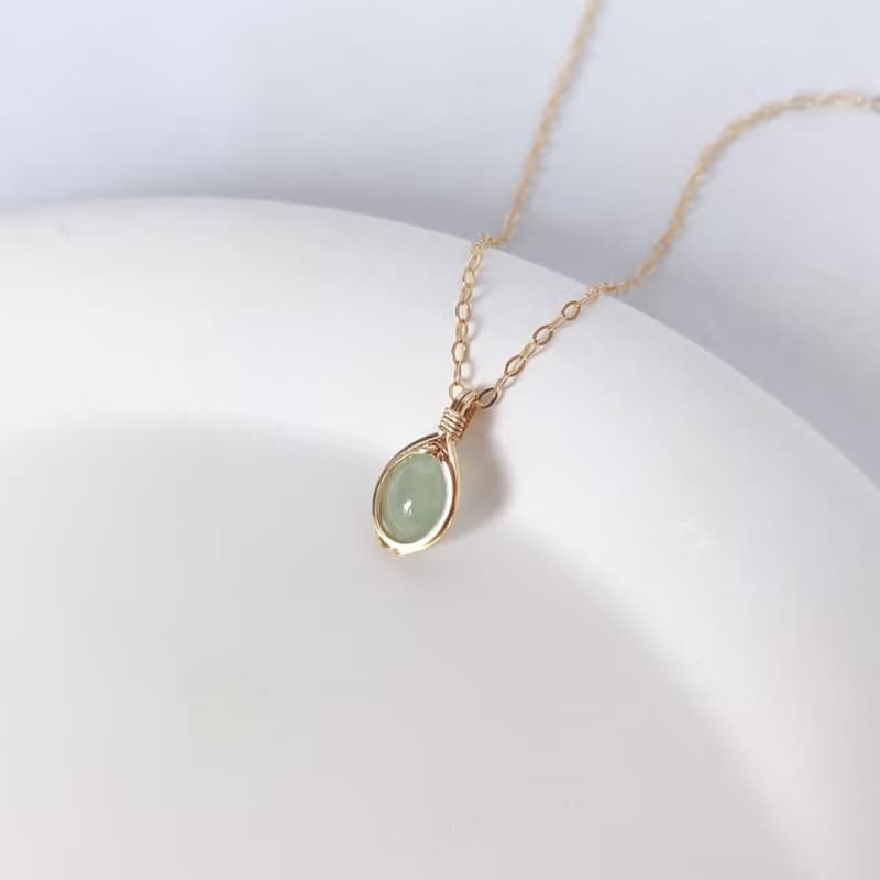 冰種A貨緬甸翡翠項鍊 清新天然水潤翡翠鎖骨鏈 14KGF精緻感吊墜
