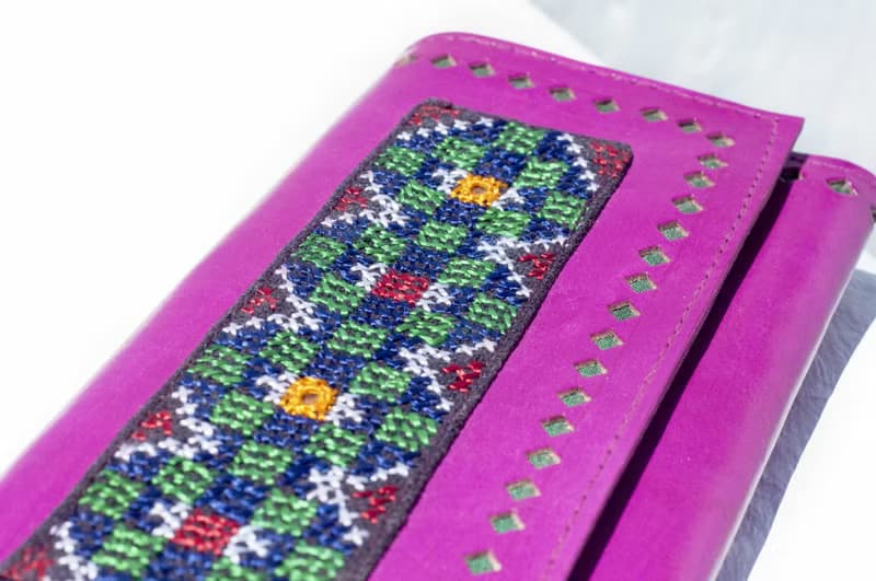 皮革長夾 長皮夾 零錢包 編織皮夾-印度沙漠手工刺繡 真皮桃皮夾