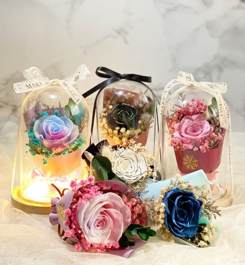永生花束玻璃罩 玫瑰 花束 捧花 夜燈 玻璃罩