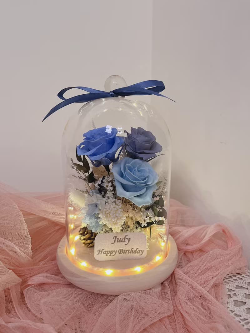 情人節 莫蘭迪藍色調 永生花玻璃罩夜燈