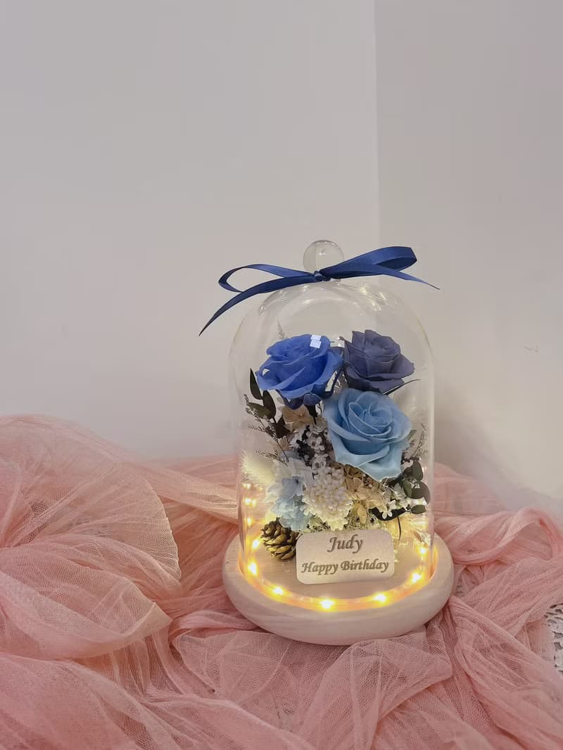 情人節 莫蘭迪藍色調 永生花玻璃罩夜燈