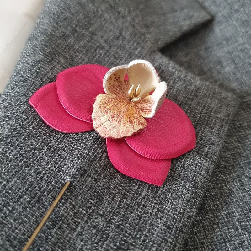 Mens lapel pin leather flower orchid, Fathers day gift for him