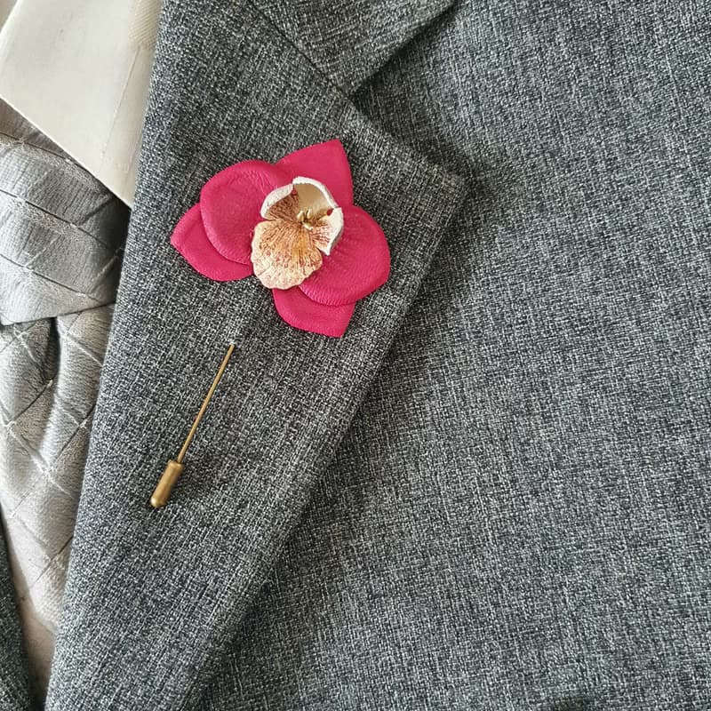 Mens lapel pin leather flower orchid, Fathers day gift for him