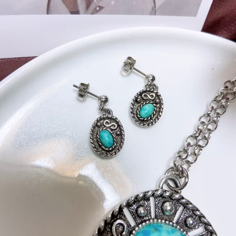 【西洋古董飾品】Sarah cov 稀有套組石感雕紋花垂墜項鍊耳環耳針