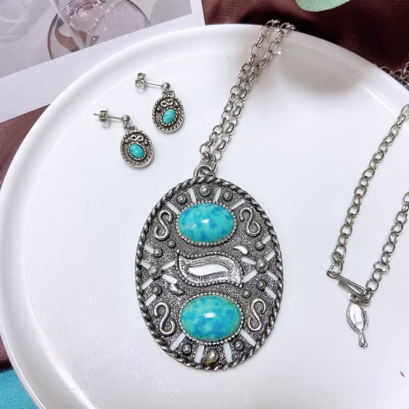 【西洋古董飾品】Sarah cov 稀有套組石感雕紋花垂墜項鍊耳環耳針