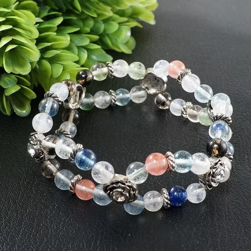 Blue Pink Clear Quartz 2 Two Double Strand Beaded Stretch Bracelet Woman Jewelry