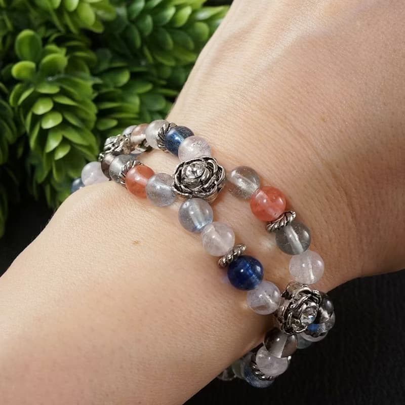 Blue Pink Clear Quartz 2 Two Double Strand Beaded Stretch Bracelet Woman Jewelry