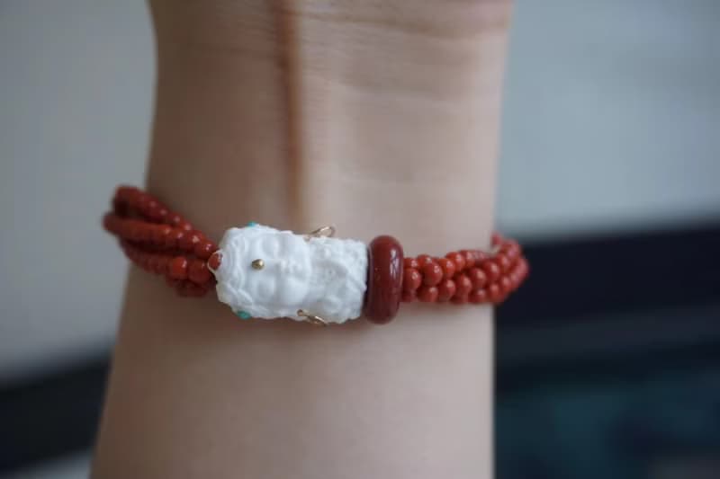 天然川料南紅瑪瑙 猛獁象牙渡母南紅平安扣設計多圈手串手鍊s