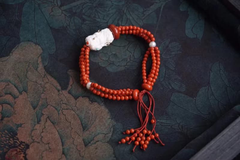 天然川料南紅瑪瑙 猛獁象牙渡母南紅平安扣設計多圈手串手鍊s