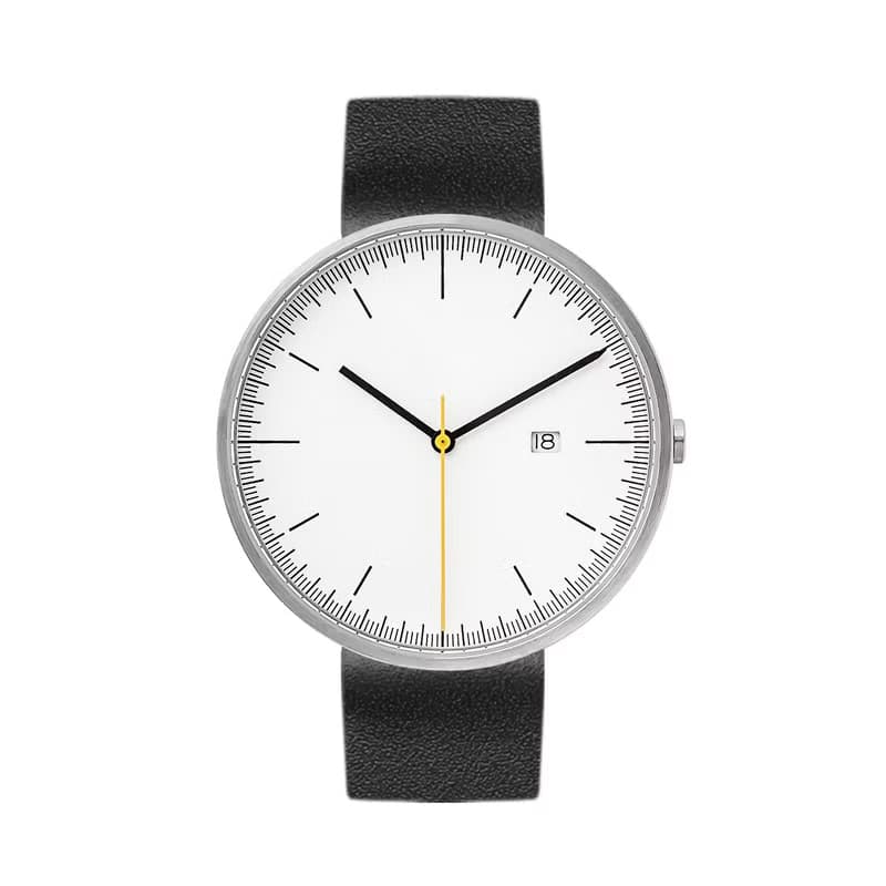 BIJOUONE彼樹灣B202銀色表殼白色表盤黑色真皮表帶男款手錶