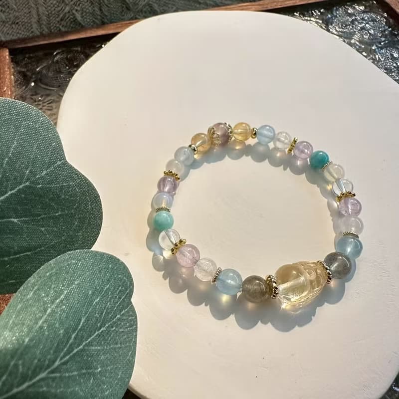 彩虹黃水晶貔貅彈性手鍊