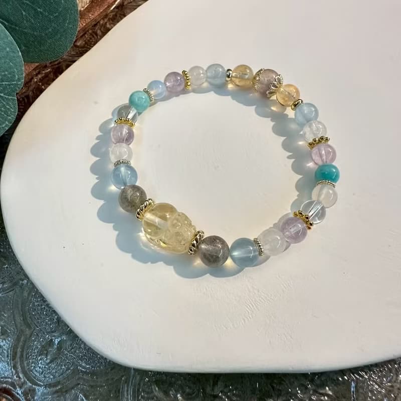 彩虹黃水晶貔貅彈性手鍊