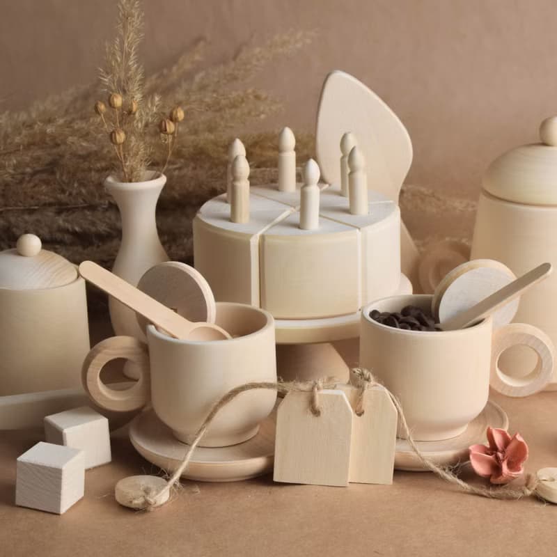Wooden Tea Set Toy Set with Cake with Candles for Wooden Play Kitchen Toy