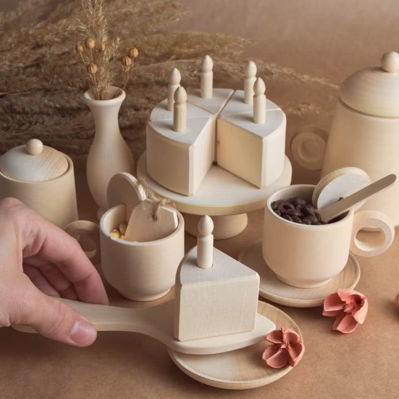 Wooden Tea Set Toy Set with Cake with Candles for Wooden Play Kitchen Toy